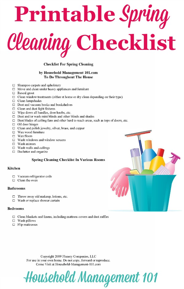 Free printable spring cleaning checklist, courtesy of Household Management 101