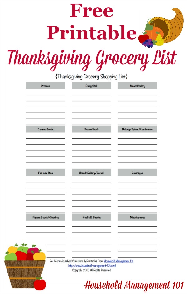 Free printable Thanksgiving grocery list {on Household Management 101}