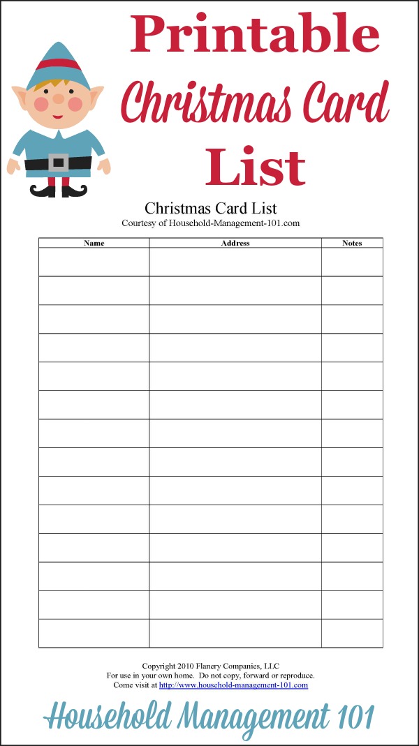 Free printable Christmas card list {on Household Management 101}