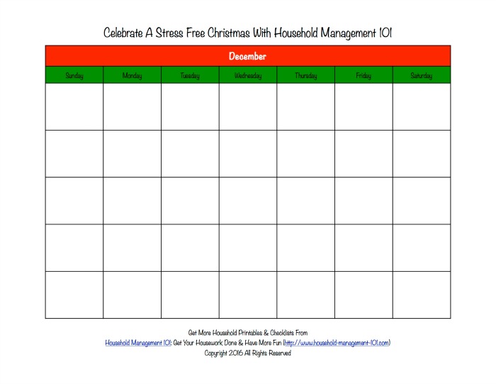 Free printable blank Christmas calendar for the month of December {on Household Management 101}