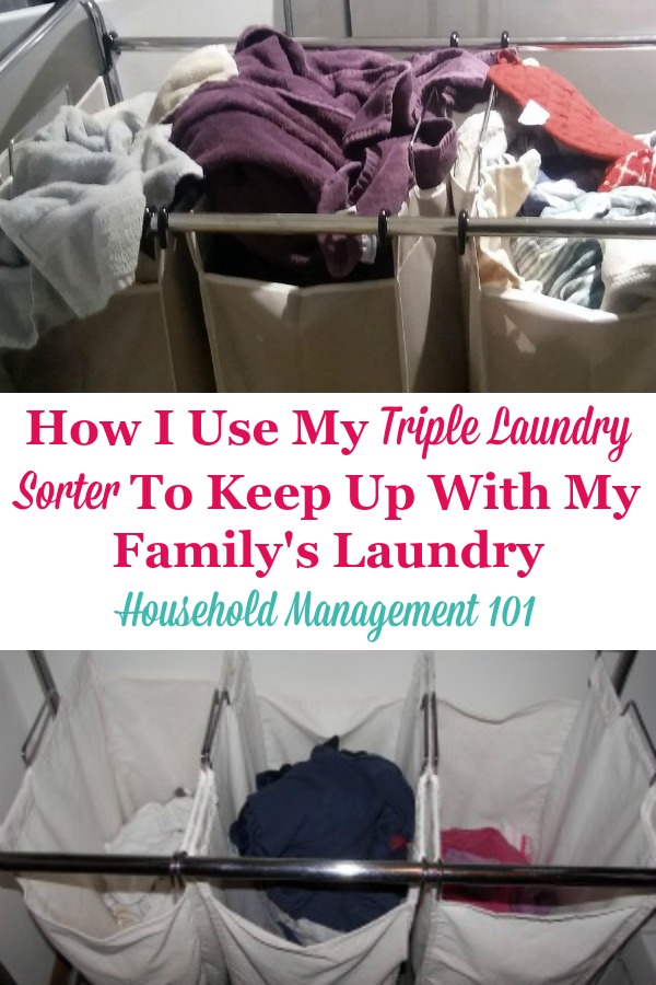 Here is how I use my triple laundry sorter to keep up with my family's laundry, and how you can do the same {on Household Management 101} #LaundrySorter #LaundryTips #LaundryRoutine