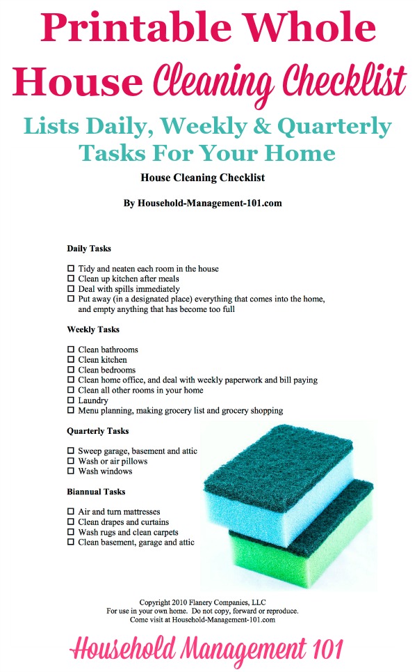 Free #printable whole house cleaning checklist giving a big picture overview of daily, weekly and quarterly tasks to do to keep your home clean {courtesy of Household Management 101} #CleaningChecklist #CleaningTips