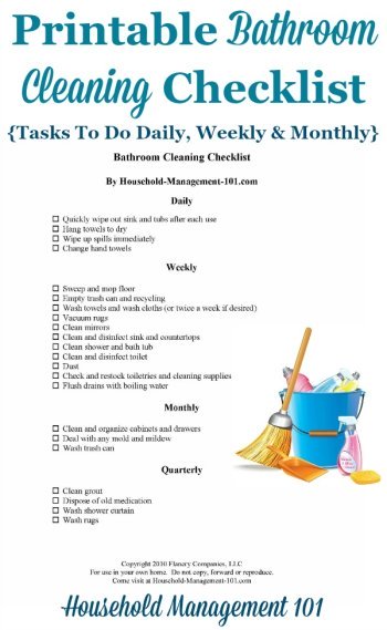 Free printable bathroom cleaning checklist, which includes daily, weekly and monthly tasks {courtesy of Household Management 101} #BathroomCleaning #CleaningChecklist #Cleaning