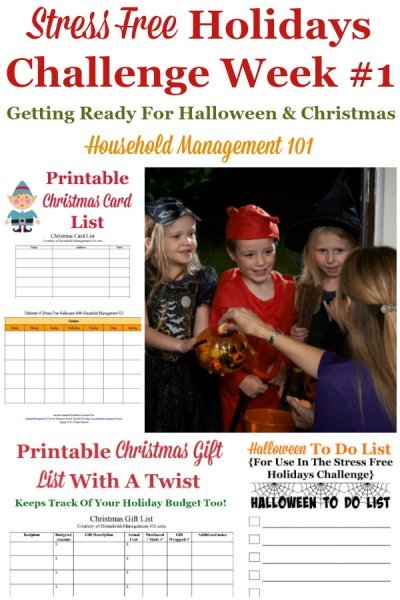 Week #1 of the Stress Free Holidays Challenge is all about Halloween and Christmas preparations for the week, and includes free printables and organizing tips {on Household Management 101} #StressFreeHolidays #HalloweenPlanning #ChristmasPlanning