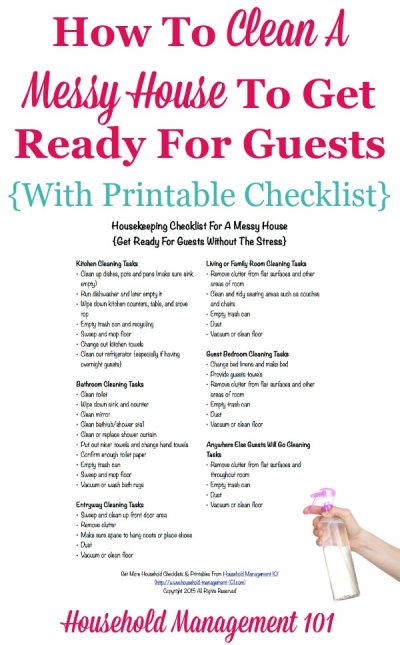 How to clean a messy house to get ready for guests, including free printable housekeeping checklist, courtesy of Household Management 101