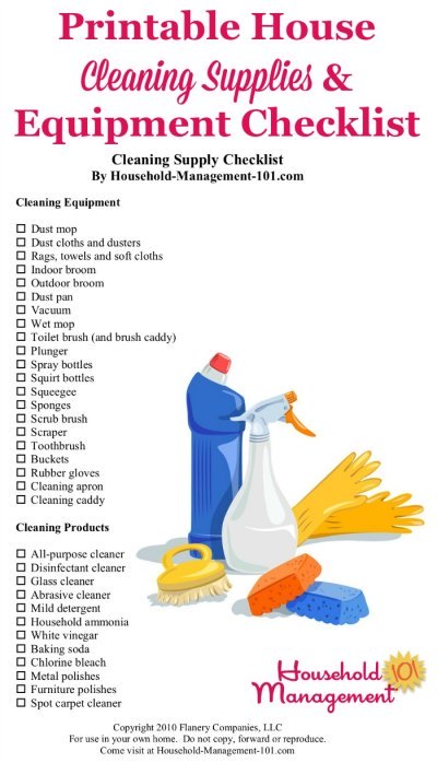 Free printable house cleaning supplies and equipment checklist, so you know exactly what types of cleaning products and tools to stock in your home {courtesy of Household Management 101} #CleaningSupplies #CleaningProducts #CleaningEquipment