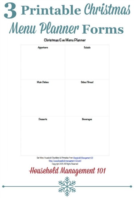 Free printable Christmas menu planner for three different Christmas meals, including for Christmas Eve, Christmas breakfast or brunch, and Christmas dinner {courtesy of Household Management 101} #ChristmasPlanner #ChristmasPrintables #ChristmasPlanning