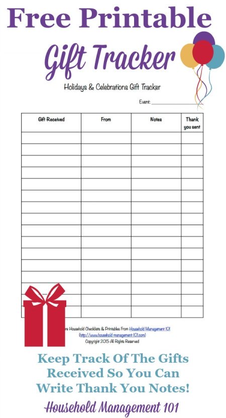 Free #printable gift tracker template to keep track of what gifts you receive so you can write thank you notes {courtesy of #HouseholdManagement101} #HolidayPrintables