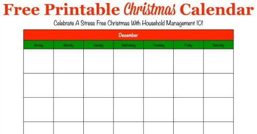 Free printable Christmas calendar for the month of December, that you can use to help plan activites and preparations for this holiday {for use in the Stress Free Holidays Challenge on Household Management 101}