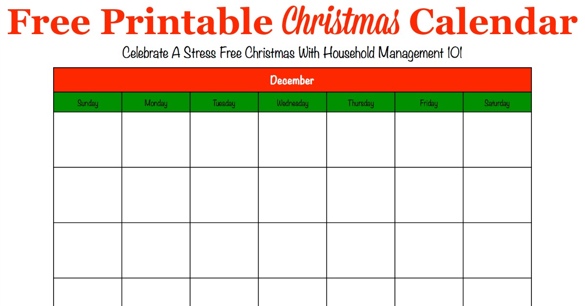 Free printable Christmas calendar for the month of December, that you can use to help plan activites and preparations for this holiday {for use in the Stress Free Holidays Challenge on Household Management 101}