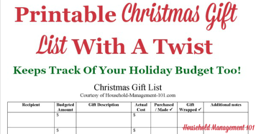 Free printable christmas gift list with a twist, since it not only keeps track of which gifts you plan to and have purchased, where you've hidden them, if you've wrapped them yet, and also it keeps track of your holiday gift budget too! {courtesy of Household Management 101}