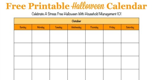 Free printable Halloween calendar for the month of October, that you can use to help plan activites and preparations for this holiday {for use in the Stress Free Holidays Challenge on Household Management 101}