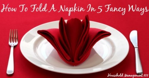 How to fold a napkin 5 fancy ways, with video instructions, for a beautiful holiday table for either Thanksgiving or Christmas {on Household Management 101} #NapkinFold #NapkinFolding #HolidayTableDecor