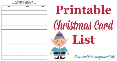 Free printable Christmas card list, courtesy of Household Management 101