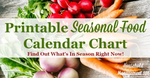 Free printable seasonal food calendar chart, listing the produce in season in each of the four seasons, to help you with both meal planning and saving money {courtesy of Household Management 101}