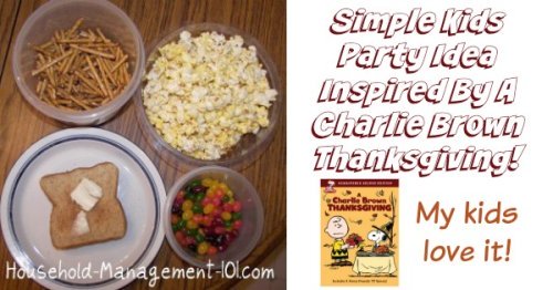 Simple party idea for kids inspired by A Charlie Brown Thanksgiving! Enjoy the same food Snoopy made for their Thanksgiving feast while watching this classic with your kids {on Household Management 101} #ThanksgivingIdeas #ThanksgivingParty #ThanksgivingFun