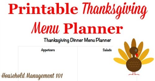 Free printable Thanksgiving dinner menu planner to make sure you don't forget any of your family's favorite dishes on this special holiday, courtesy of Household Management 101 #ThanksgivingPlanner #ThanksgivingPrintable #ThanksgivingPlanning