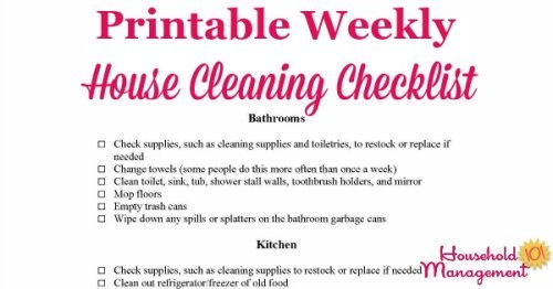 Free printable weekly checklist for house cleaning {courtesy of Household Management 101}