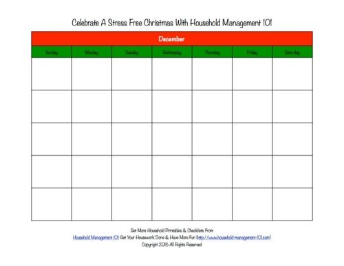 Free printable Christmas calendar for the month of December, that you can use to help plan activites and preparations for this holiday {for use in the Stress Free Holidays Challenge on Household Management 101}