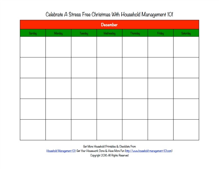 Free printable Christmas calendar for the month of December, that you can use to help plan activites and preparations for this holiday {for use in the Stress Free Holidays Challenge on Household Management 101}