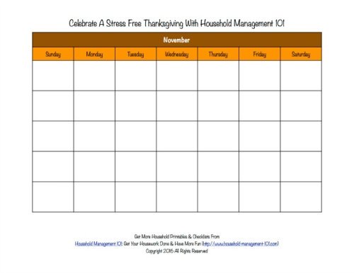 Free printable Thanksgiving calendar for the month of November, that you can use to help plan activites and preparations for this holiday {for use in the Stress Free Holidays Challenge on Household Management 101}