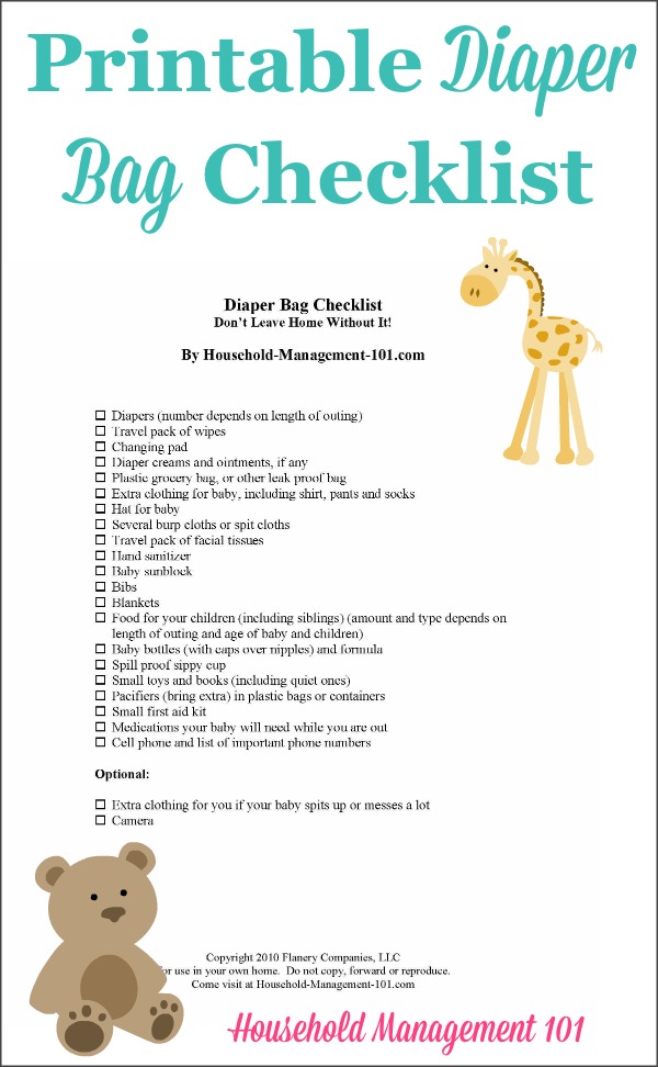 Free printable diaper bag checklist so you don't forget vital stuff in your child's diaper bag as you're leaving the house {courtesy of Household Management 101} #FreePrintable #DiaperBag #KidsOrganization