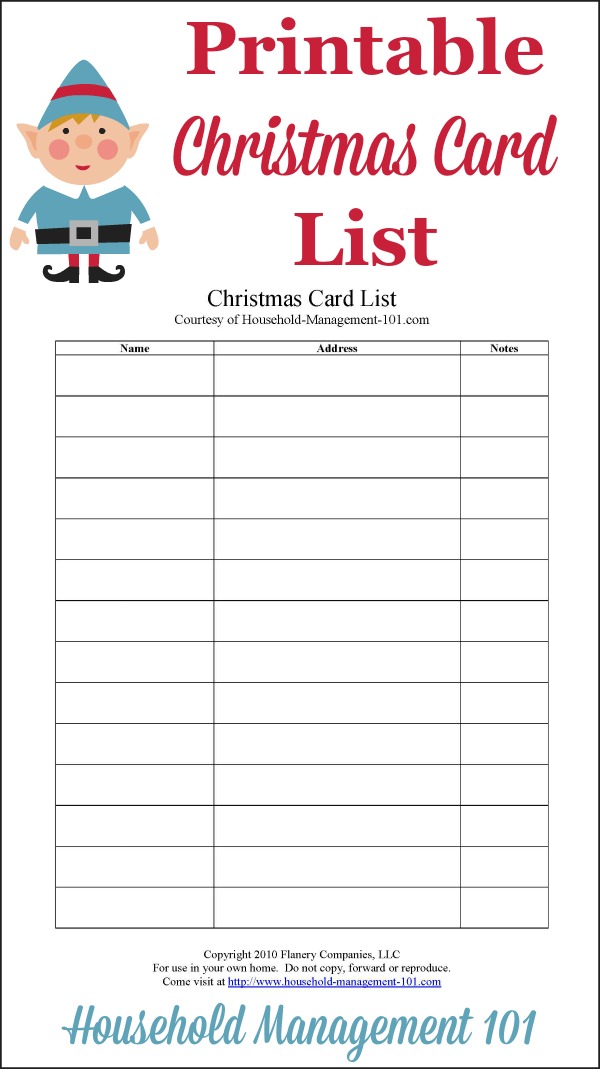 Free printable Christmas card list, courtesy of Household Management 101