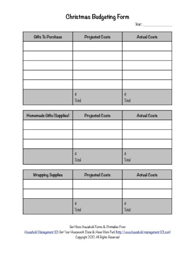 Free printable Christmas budgeting form (three pages) with list of all the major categories of holiday spending so you don't forget anything when creating your Christmas budget {on Household Management 101}