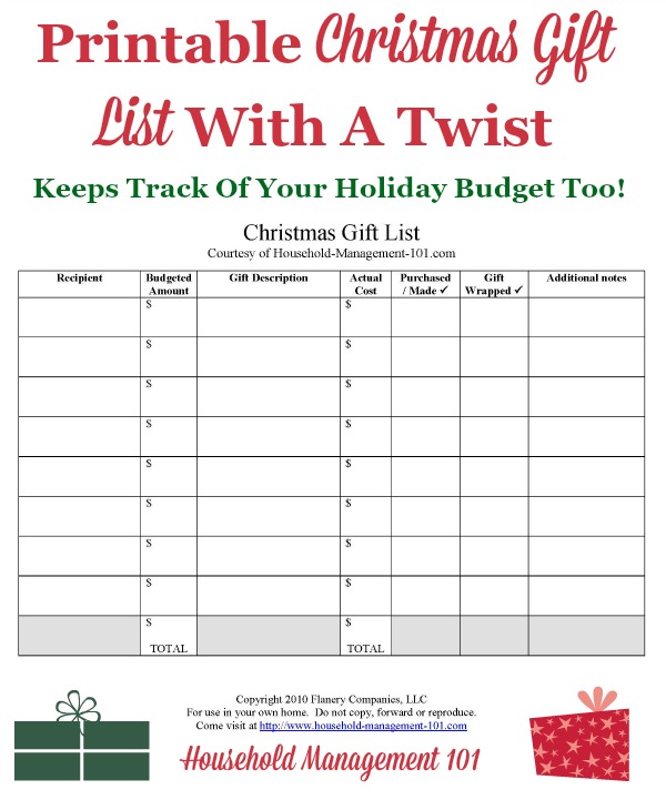 Free printable christmas gift list with a twist, since it not only keeps track of which gifts you plan to and have purchased, where you've hidden them, if you've wrapped them yet, and also it keeps track of your holiday gift budget too! {courtesy of Household Management 101}