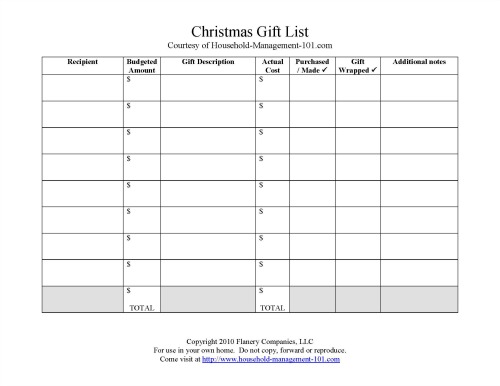 printable Christmas gift list