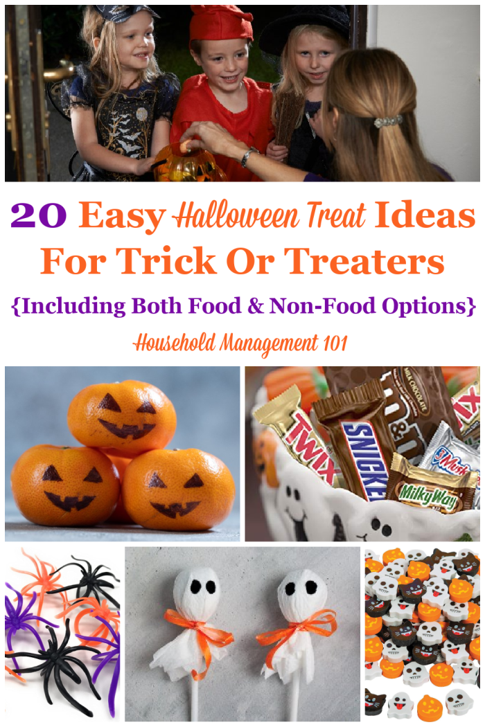 Here are 20 easy Halloween treat ideas for trick or treaters, including both food and non-food options, so that you can please the kids coming to your door without a lot of work on your part {on Household Management 101}