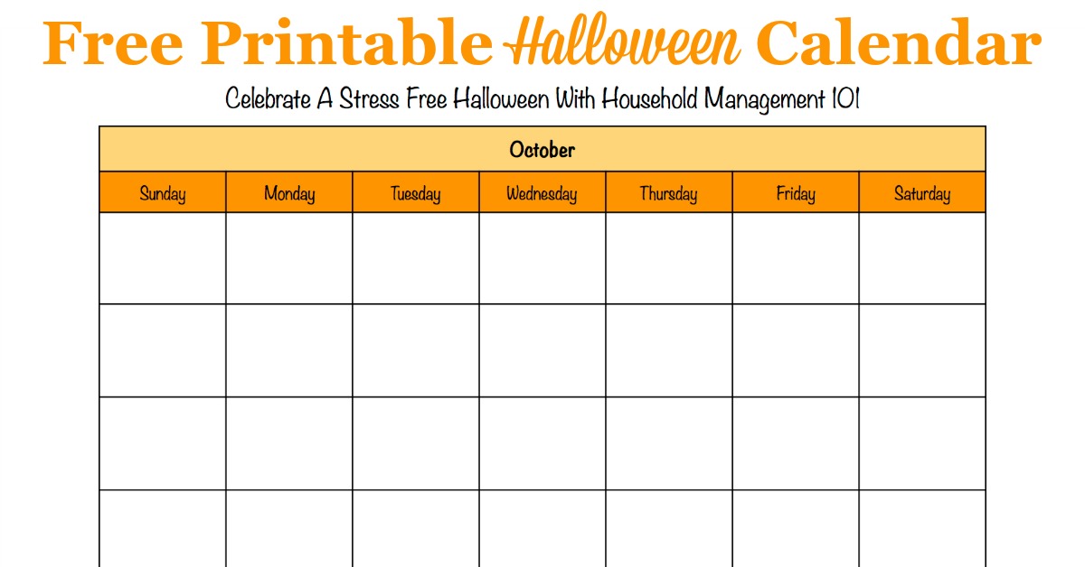 Free printable Halloween calendar for the month of October, that you can use to help plan activites and preparations for this holiday {for use in the Stress Free Holidays Challenge on Household Management 101}