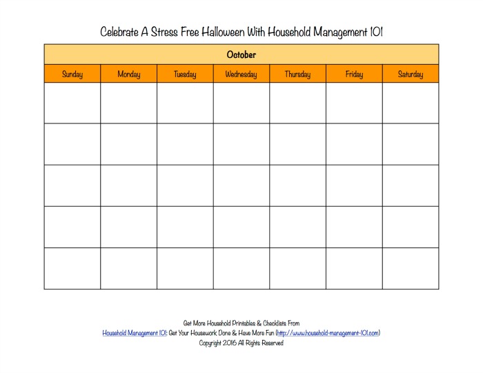 Free printable blank Halloween calendar for the month of October {on Household Management 101}