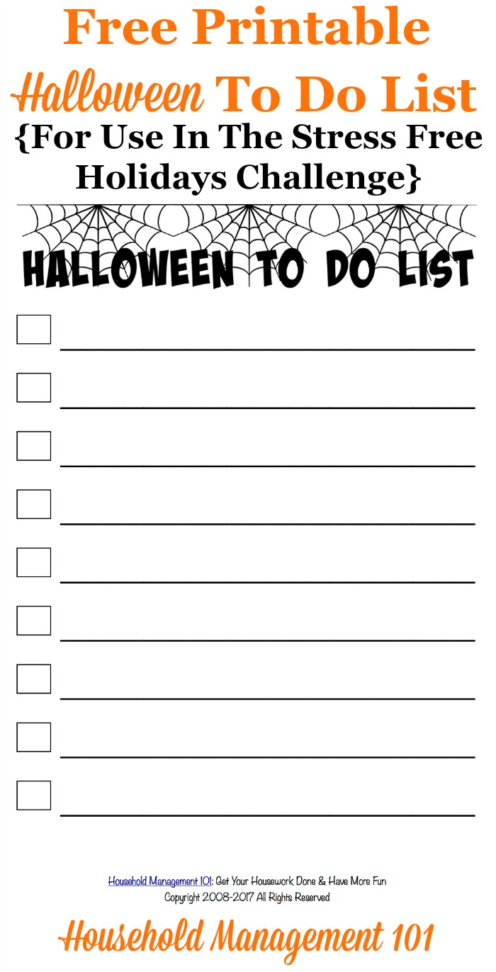 Free printable Halloween to do list, for use in the Stress Free Holidays Challenge, to track the tasks you need to accomplish before the holiday {courtesy of Household Management 101} #HalloweenToDoList #HalloweenPlanning #HalloweenPrintable