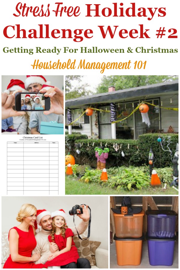 Week #2 of the Stress Free Holidays Challenge is all about getting ready for Halloween and Christmas, and includes free printables and organizing tips {on Household Management 101} #StressFreeHolidays #HalloweenPlanning #ChristmasPlanning
