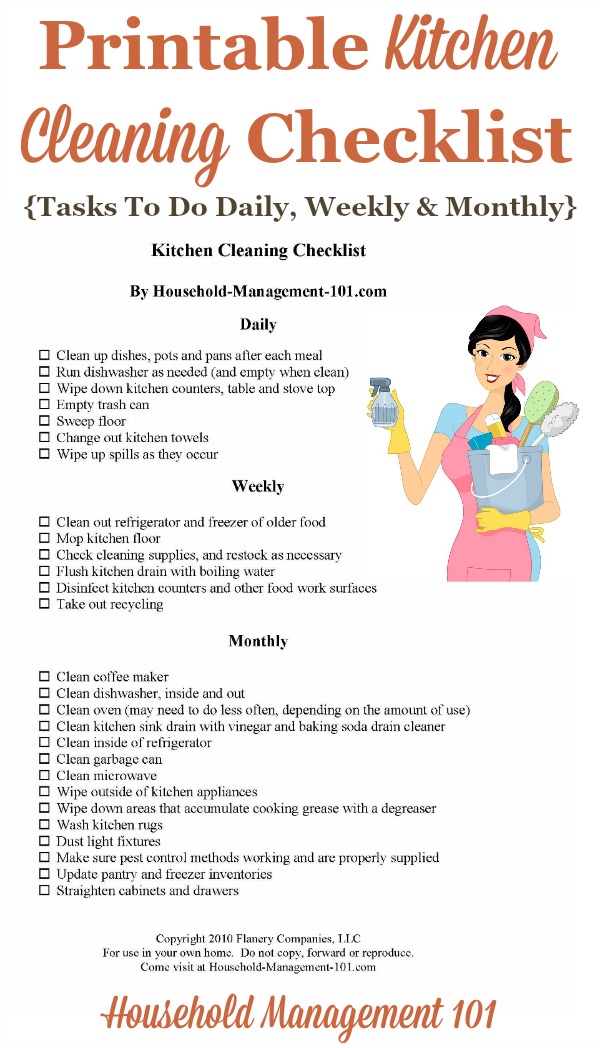 Free printable kitchen cleaning checklist listing tasks to do daily, weekly and monthly to keep your kitchen looking great {courtesy of Household Management 101} #KitchenCleaning #CleaningChecklist #CleaningTips