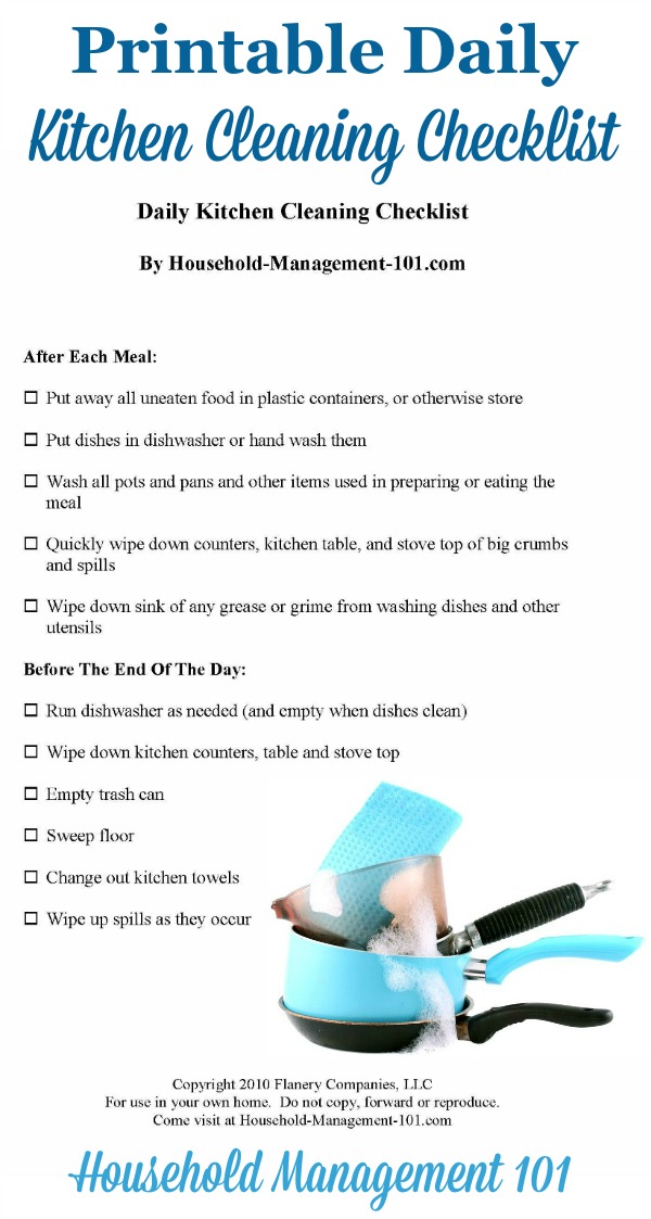 Free printable daily kitchen cleaning checklist, listing all the daily tasks you should do for a clean kitchen {courtesy of Household Management 101}