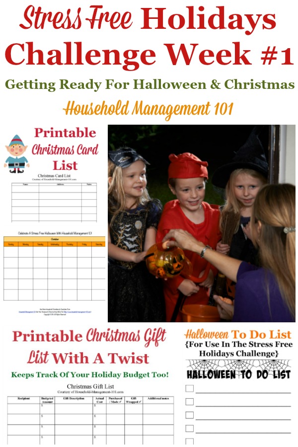 Week #1 of the Stress Free Holidays Challenge is all about Halloween and Christmas preparations for the week, and includes free printables and organizing tips {on Household Management 101} #StressFreeHolidays #HalloweenPlanning #ChristmasPlanning