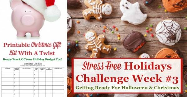 Week #3 of the Stress Free Holidays Challenge is all about Halloween and Christmas preparations, and includes free printables and organizing tips {on Household Management 101} #StressFreeHolidays #HalloweenPlanning #ChristmasPlanning
