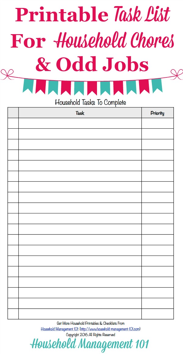 Free printable task list template to make a master list of quick household chores you need to do, so you don't forget {courtesy of Household Management 101}