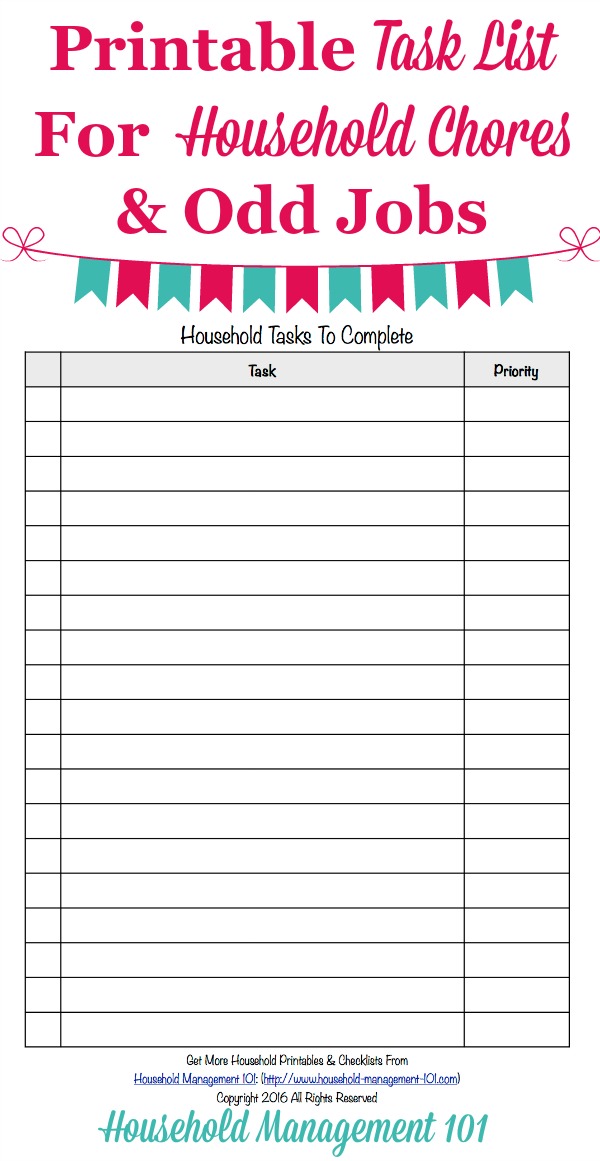 Free printable task list template to make a master list of quick household chores you need to do, so you don't forget {courtesy of Household Management 101}