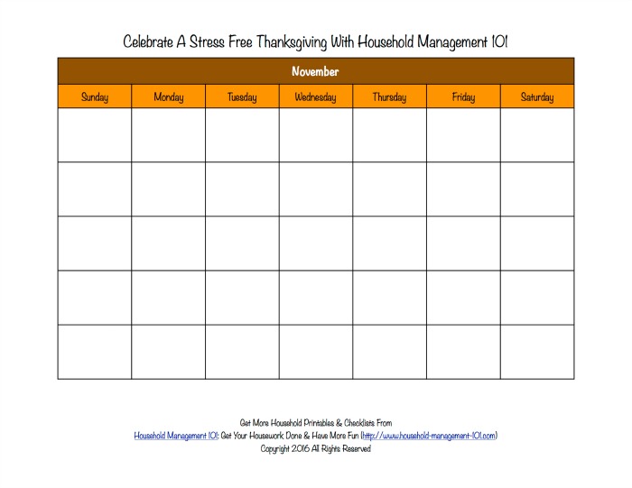 Free printable Thanksgiving calendar for the month of November, that you can use to help plan activites and preparations for this holiday {for use in the Stress Free Holidays Challenge on Household Management 101}