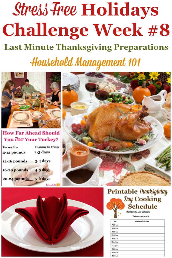 Week #8 of the Stress Free Holidays Challenge is all about last minute Thanksgiving preparations, so you can avoid Thanksgiving stress. It includes free printables and organizing tips {on Household Management 101} #StressFreeHolidays #ThanksgivingPlanning #ThanksgivingPreparation