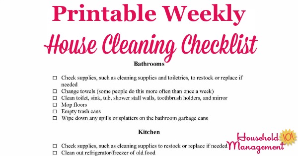 Darmowa tygodniowa lista kontrolna do wydrukowania do sprzątania domu {courtesy of Household Management 101}