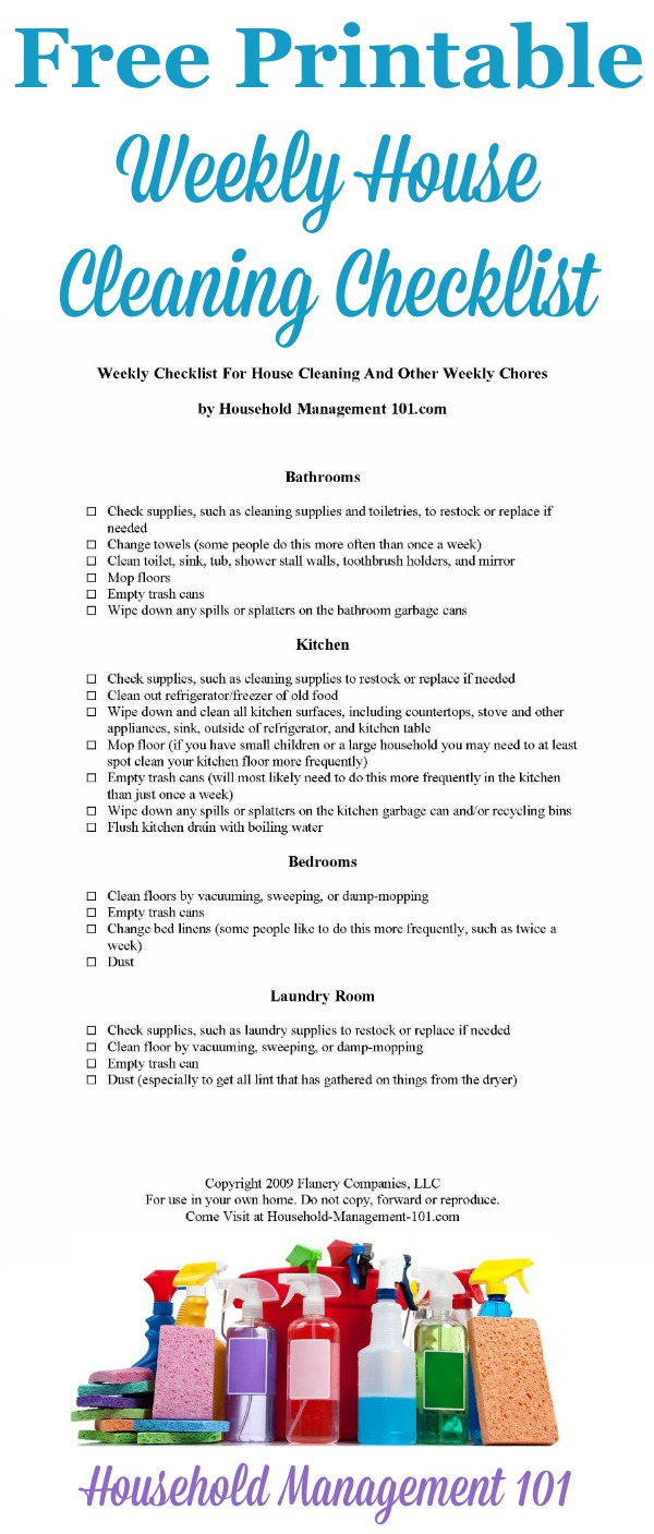 Liste de contrôle hebdomadaire imprimable gratuite pour le nettoyage de la maison {courtesy of Household. Management 101} #CleaningChecklist #WeeklyCleaning #CleaningRoutine