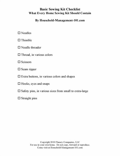 Free printable basic sewing kit checklist, listing the top 10 sewing supplies each home should have, courtesy of Household Management 101