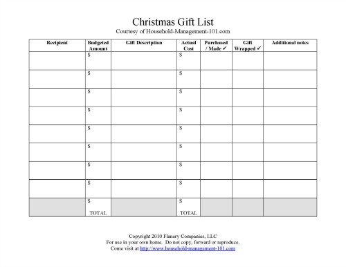 printable Christmas gift list