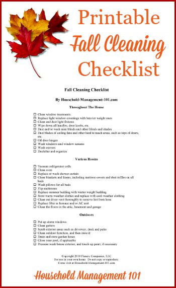 Free fall cleaning checklist printable to get your home clean and ready for colder weather {on Household Management 101} #FallCleaning #FallCleaningChecklist #CleaningChecklist