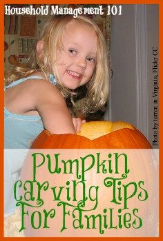 Pumpkin carving tips written from the perspective of doing this activity with your kids, and focusing on safety, design, and also making your pumpkin last {on Household Management 101}