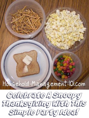 Simple party idea for kids inspired by A Charlie Brown Thanksgiving! Enjoy the same food Snoopy made for their Thanksgiving feast while watching this classic with your kids {on Household Management 101} #ThanksgivingIdeas #ThanksgivingParty #ThanksgivingFun